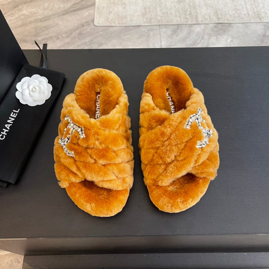 SAFETY ORANGE FUR CROSS STRAP SLIPPERS - 35