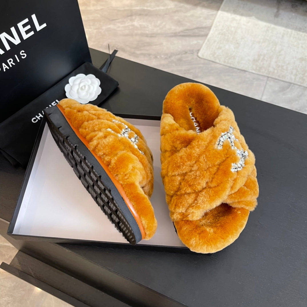 SAFETY ORANGE FUR CROSS STRAP SLIPPERS - 35