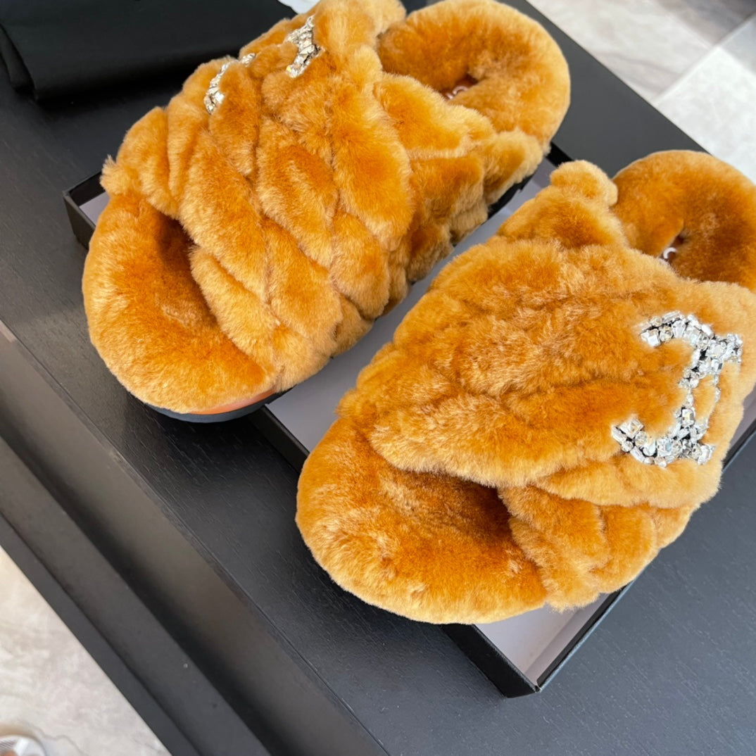 SAFETY ORANGE FUR CROSS STRAP SLIPPERS - 35