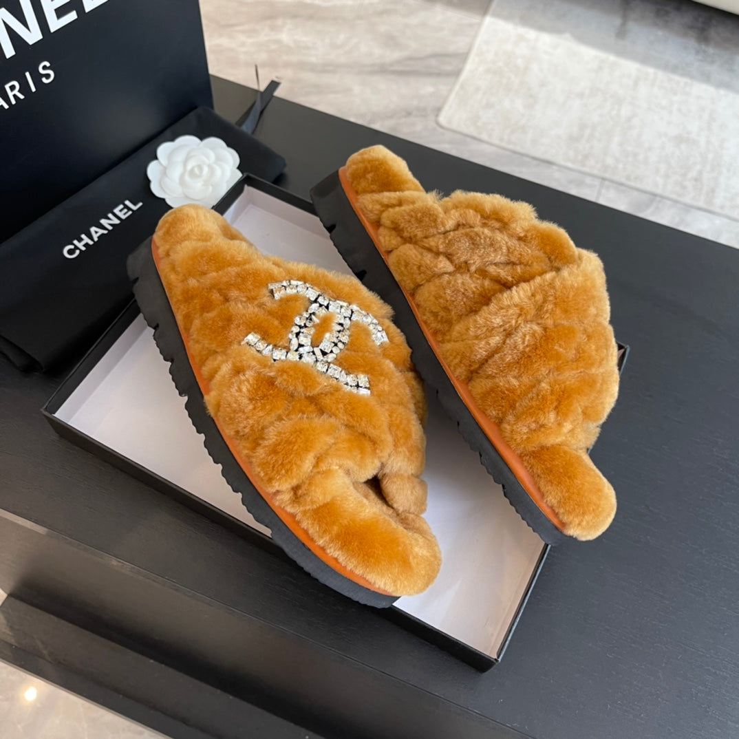 SAFETY ORANGE FUR CROSS STRAP SLIPPERS - 35