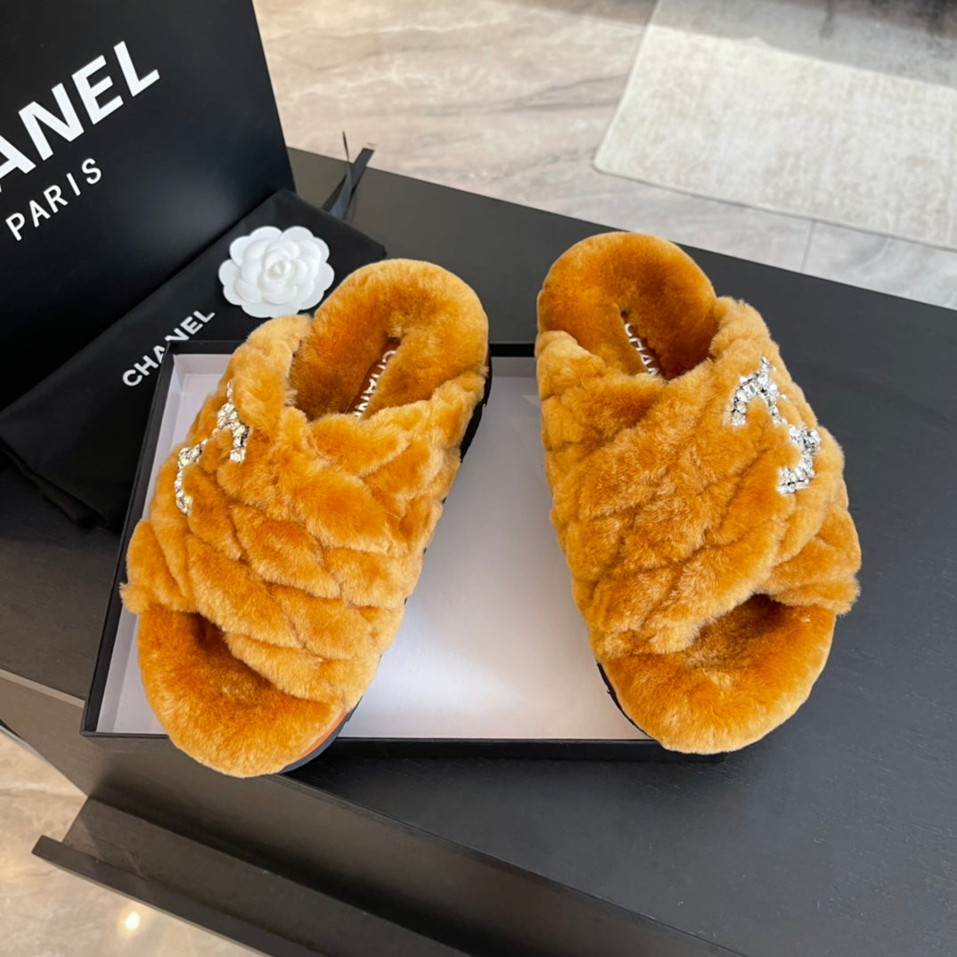 SAFETY ORANGE FUR CROSS STRAP SLIPPERS - 35