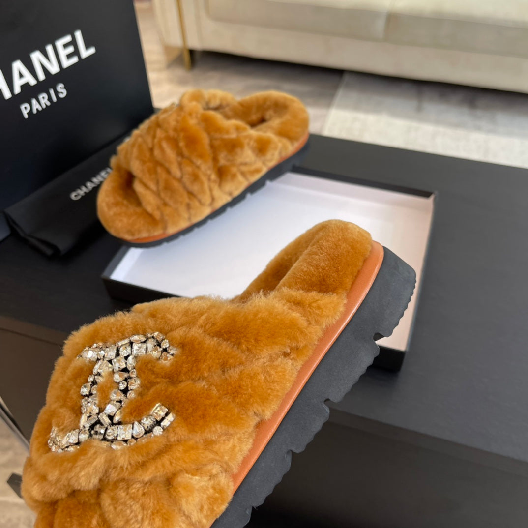 SAFETY ORANGE FUR CROSS STRAP SLIPPERS - 35