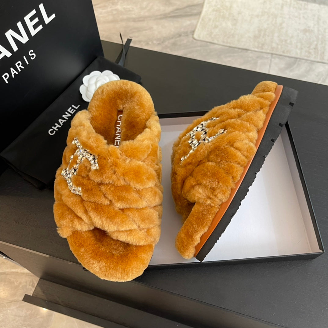 SAFETY ORANGE FUR CROSS STRAP SLIPPERS - 35