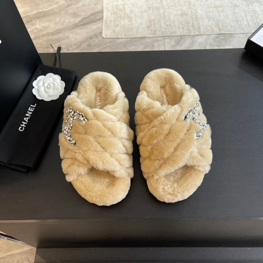 BEIGE CREAM FUR CROSS STRAP SLIPPERS - 35