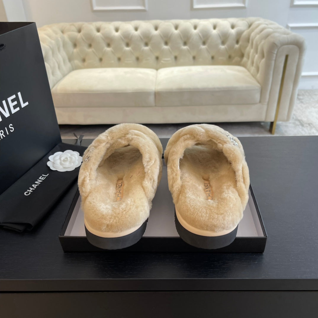 BEIGE CREAM FUR CROSS STRAP SLIPPERS - 35