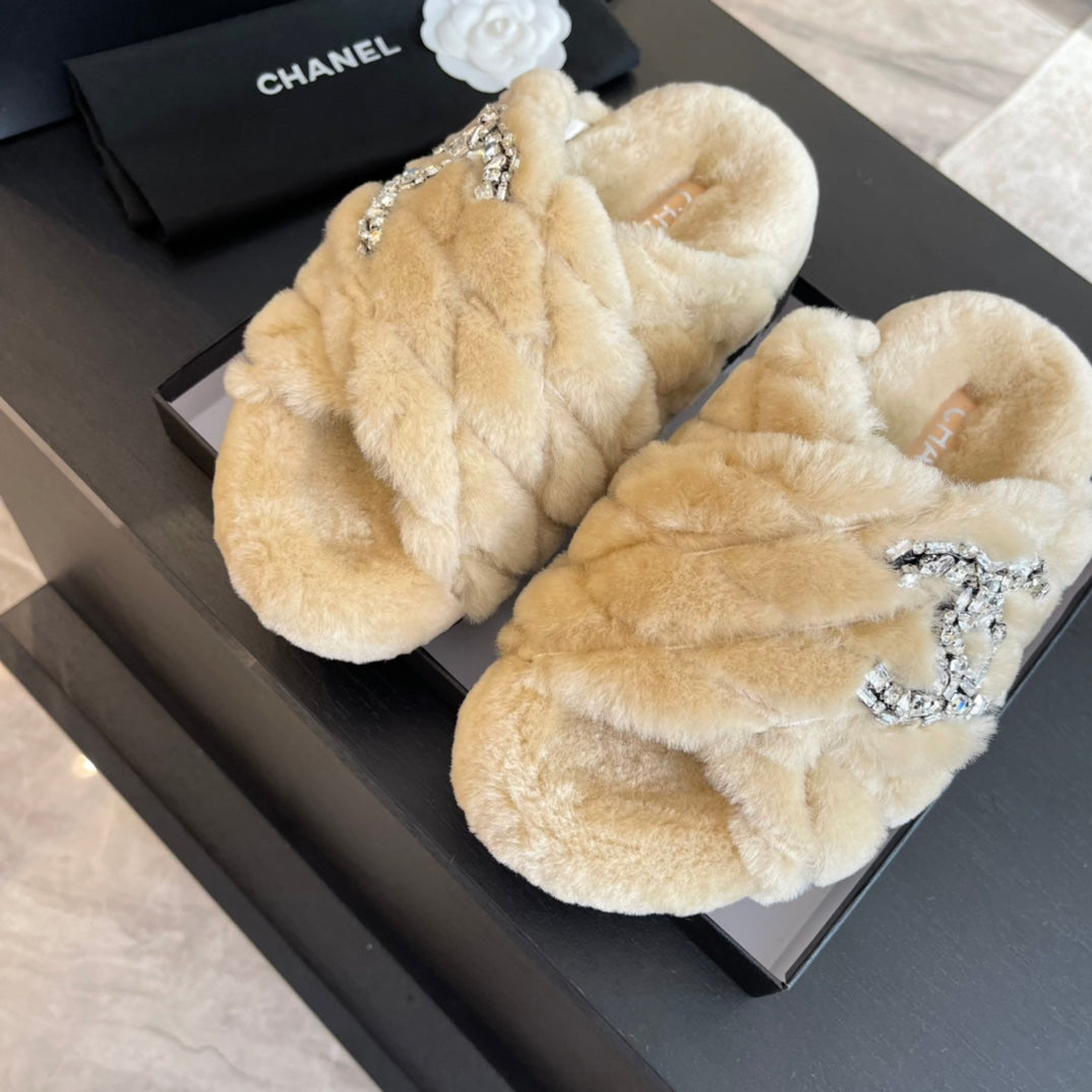BEIGE CREAM FUR CROSS STRAP SLIPPERS - 35