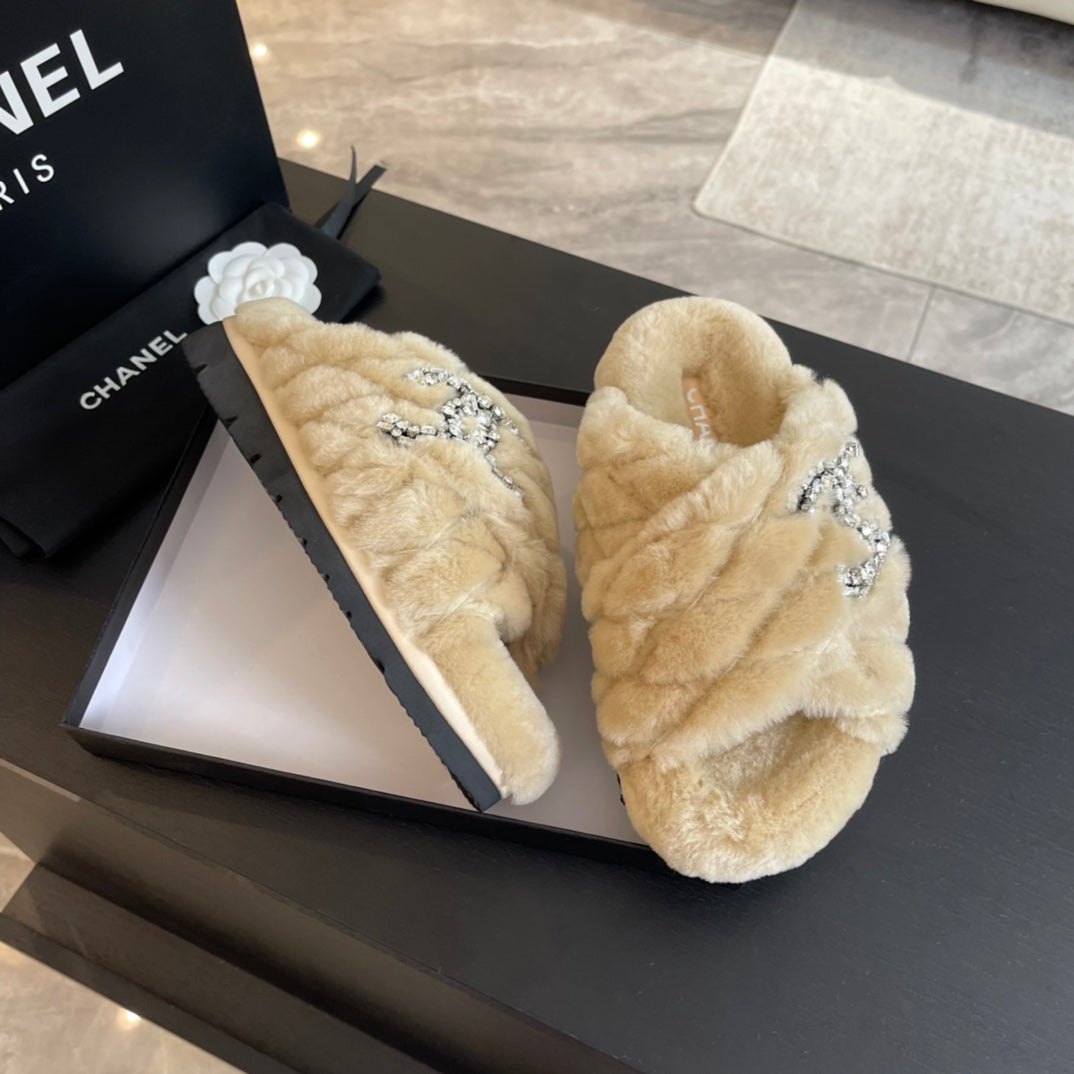 BEIGE CREAM FUR CROSS STRAP SLIPPERS - 35