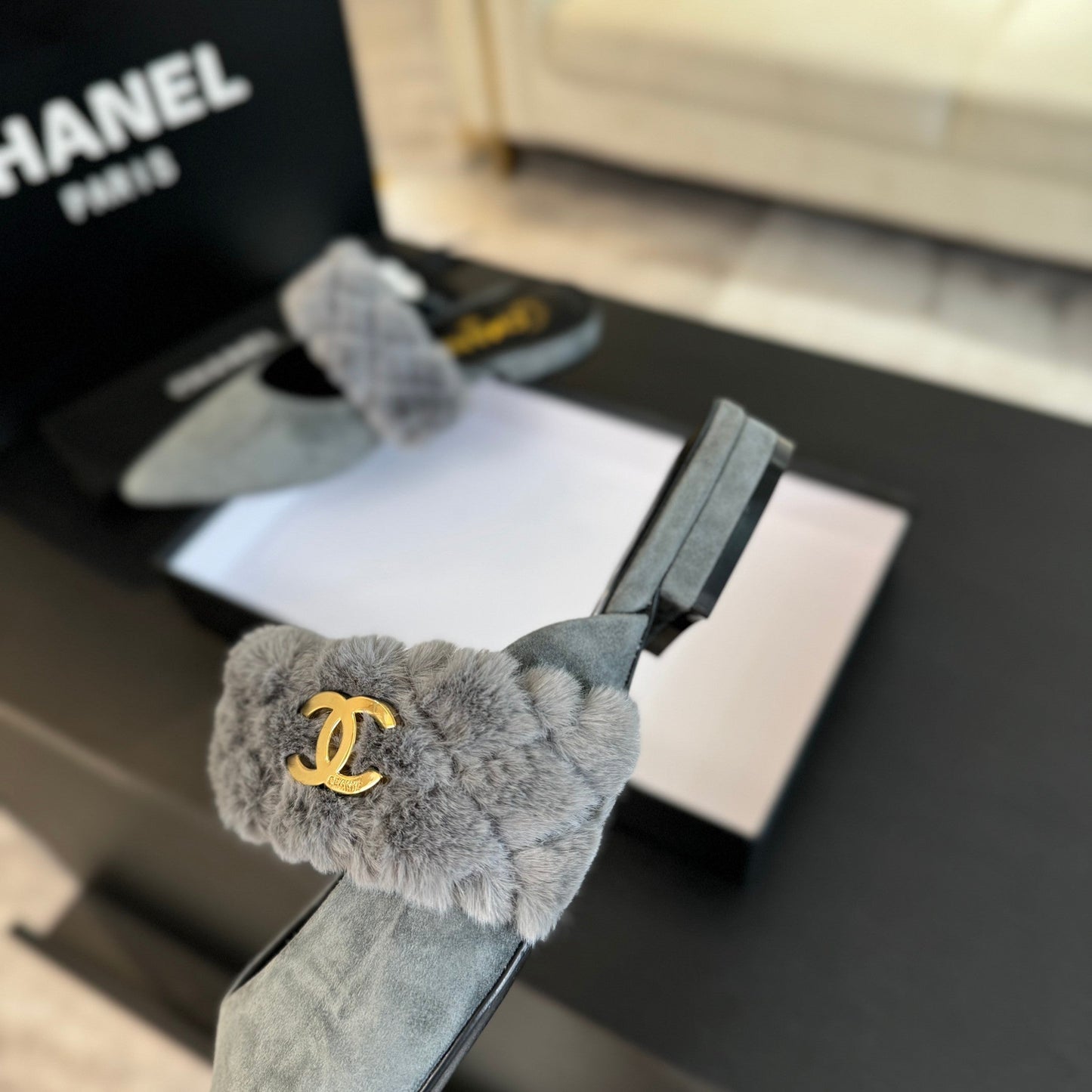 CC MULE IN ASH GREY SMOOTH FLEECE WITH GOLD HARDWARE - 35