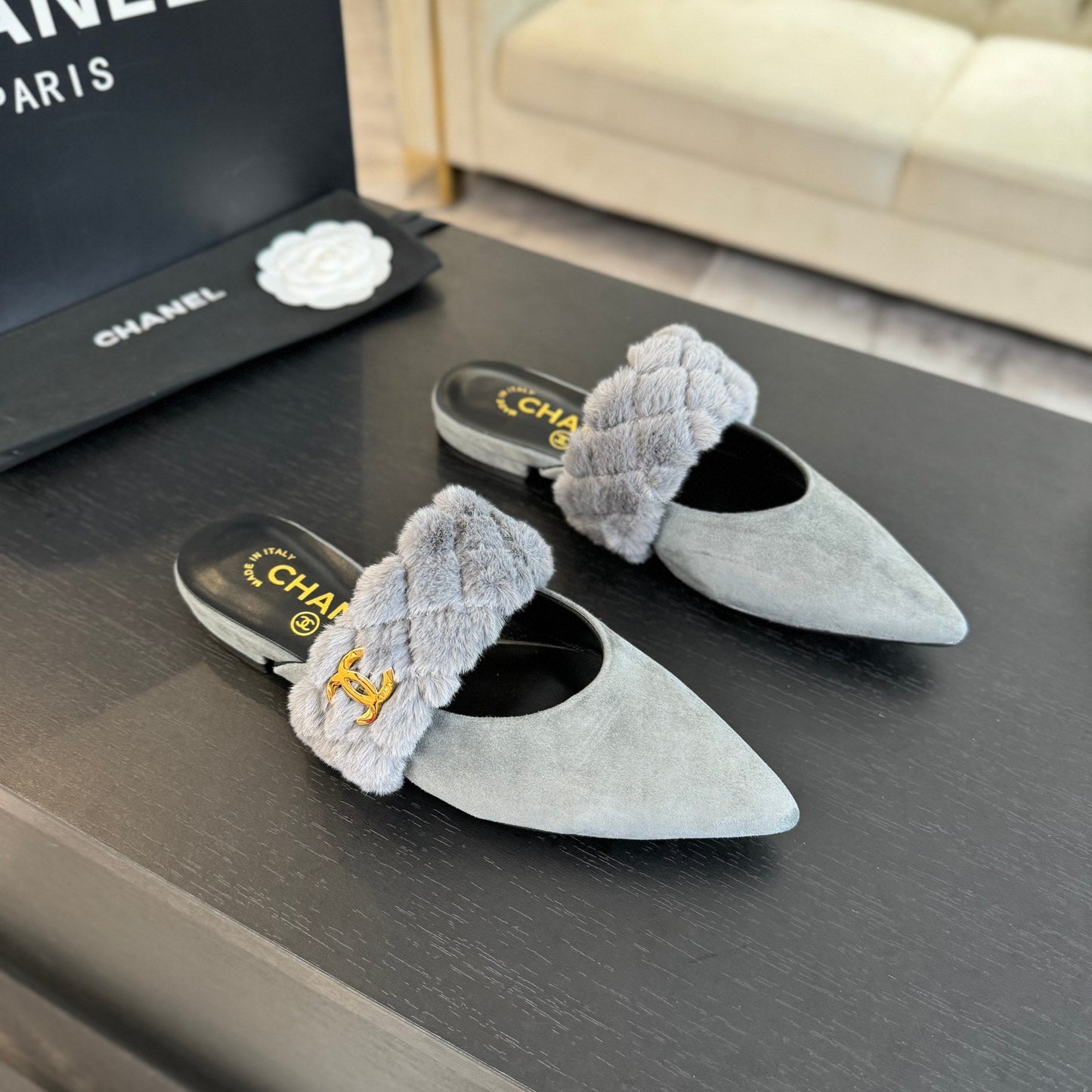 CC MULE IN ASH GREY SMOOTH FLEECE WITH GOLD HARDWARE - 35