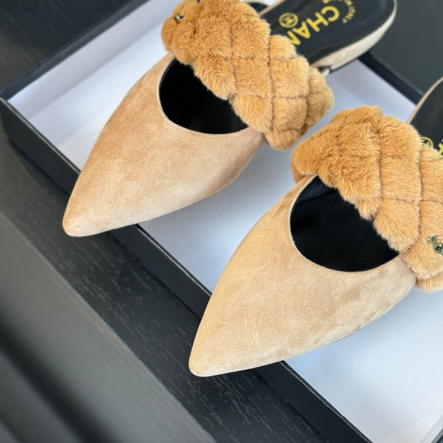 CC MULE IN SEPIA BEIGE SMOOTH FLEECE WITH GOLD HARDWARE - 35