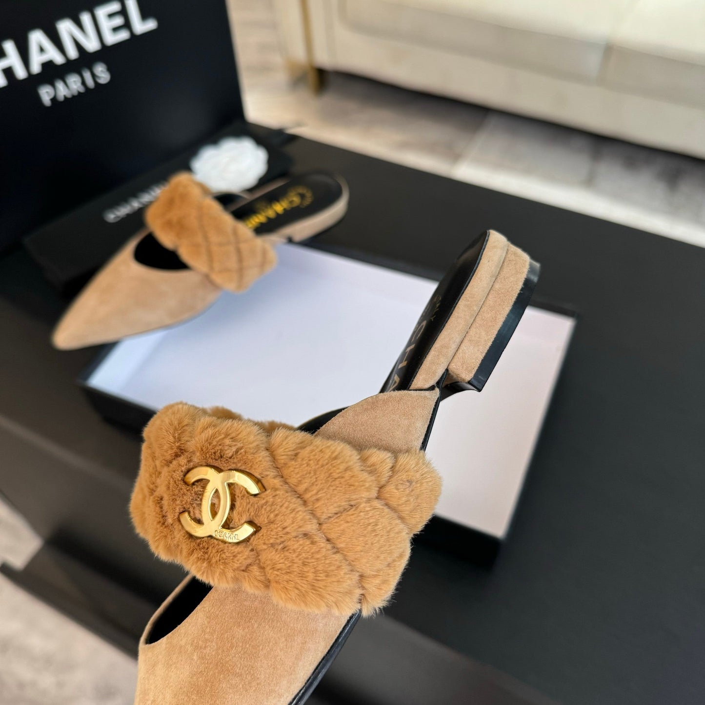 CC MULE IN SEPIA BEIGE SMOOTH FLEECE WITH GOLD HARDWARE - 35