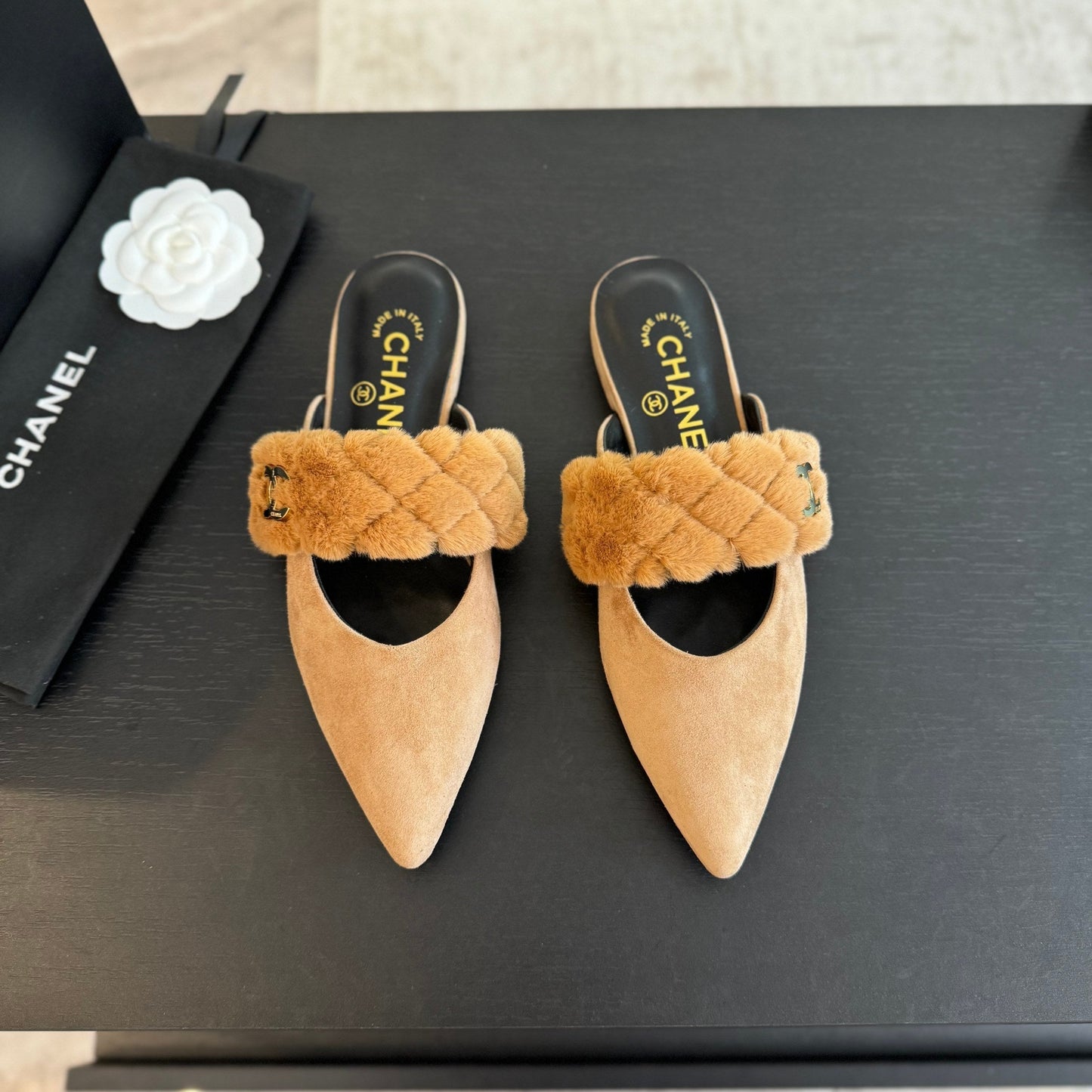 CC MULE IN SEPIA BEIGE SMOOTH FLEECE WITH GOLD HARDWARE - 35