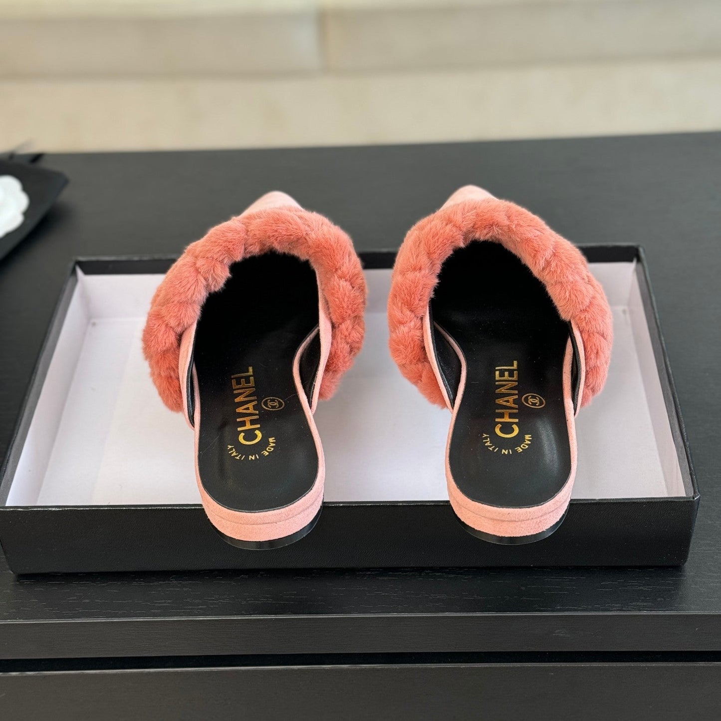CC MULE IN LIGHT PINK SMOOTH FLEECE WITH GOLD HARDWARE - 35