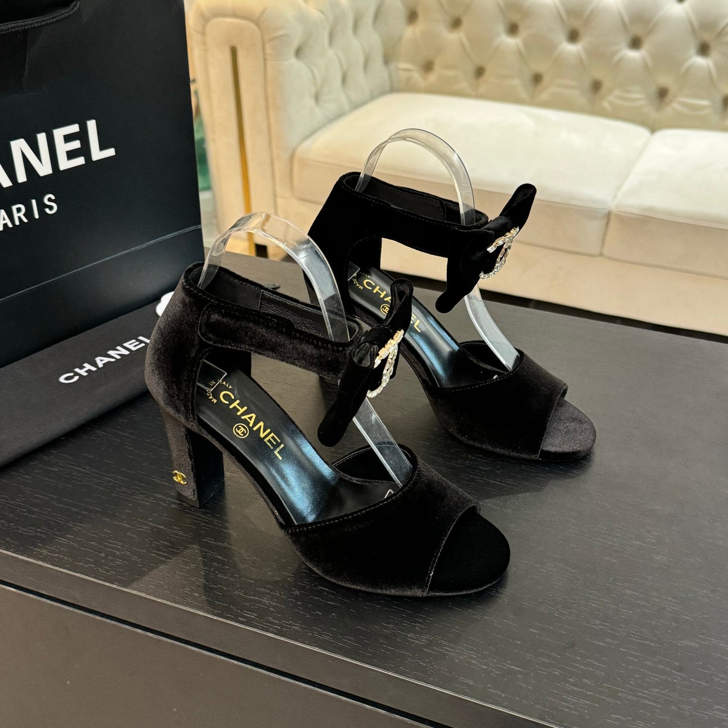 HIGH SANDAL OPEN TOE IN BLACK VELVET - 35