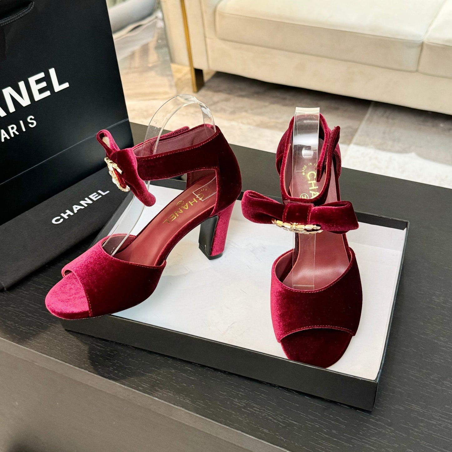 HIGH SANDAL OPEN TOE IN MAROON RED VELVET - 35
