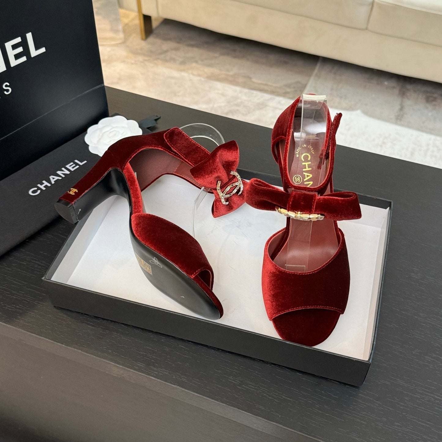 HIGH SANDAL OPEN TOE IN MAROON RED VELVET - 35