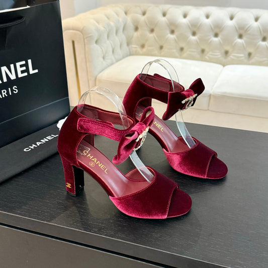 HIGH SANDAL OPEN TOE IN MAROON RED VELVET - 35