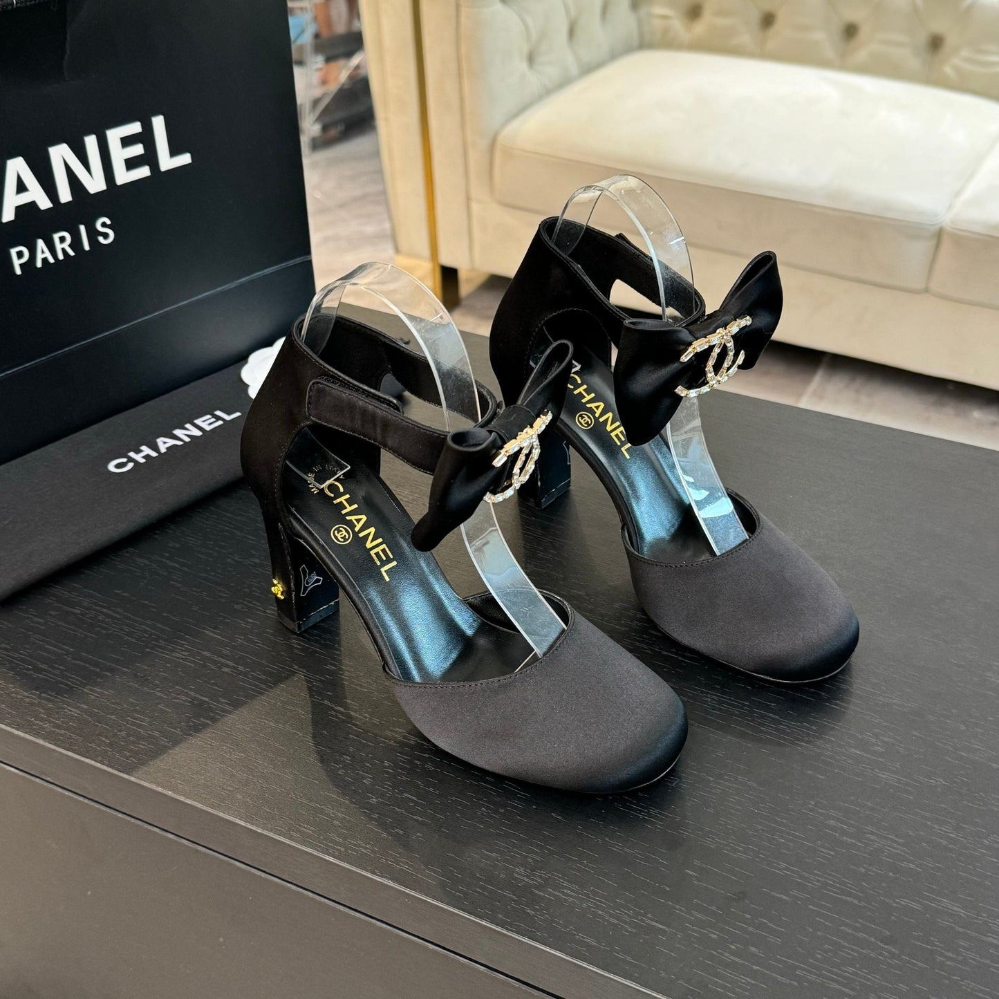 HIGH MARRY JANE IN BLACK SATIN - 35