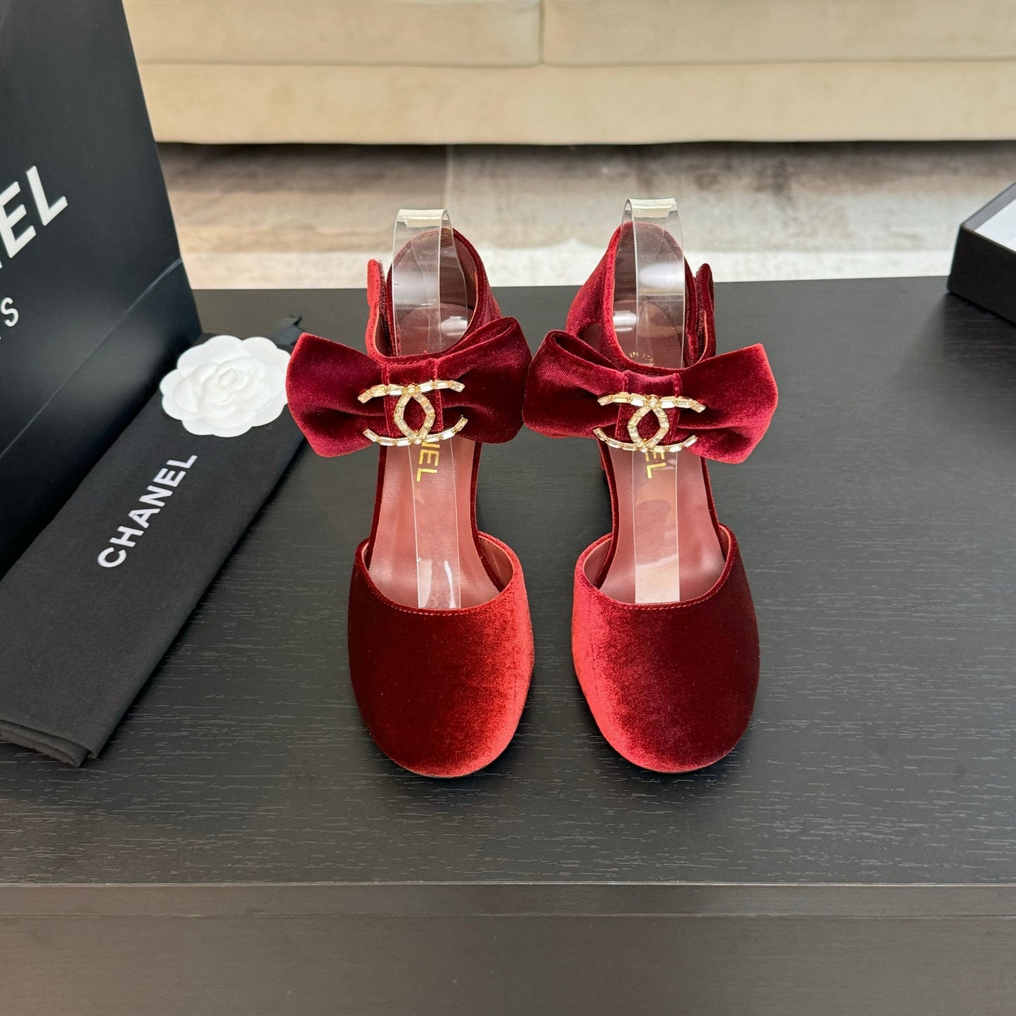 HIGH MARRY JANE IN CHERRY RED VELVET - 35