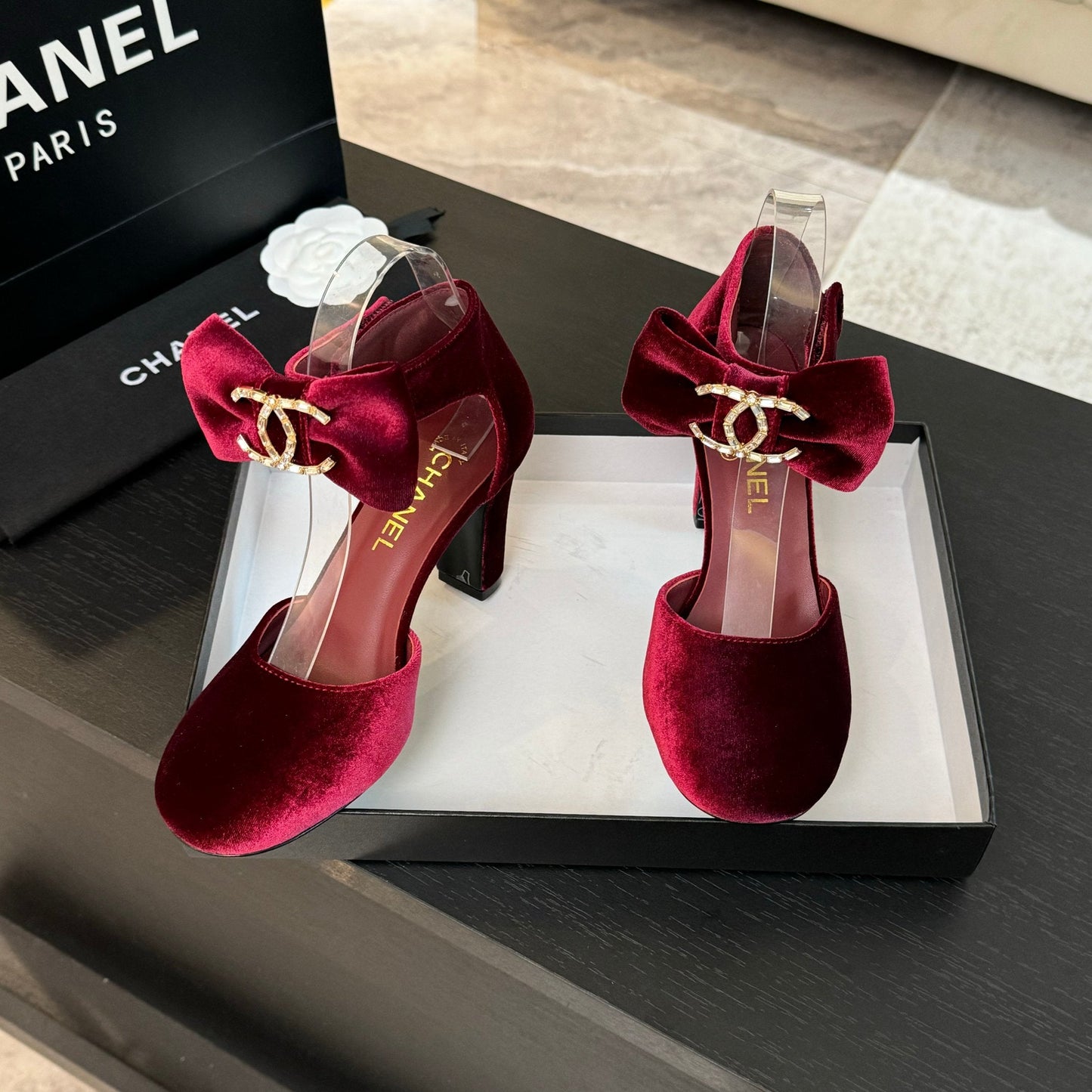 HIGH MARRY JANE IN CHERRY RED VELVET - 35