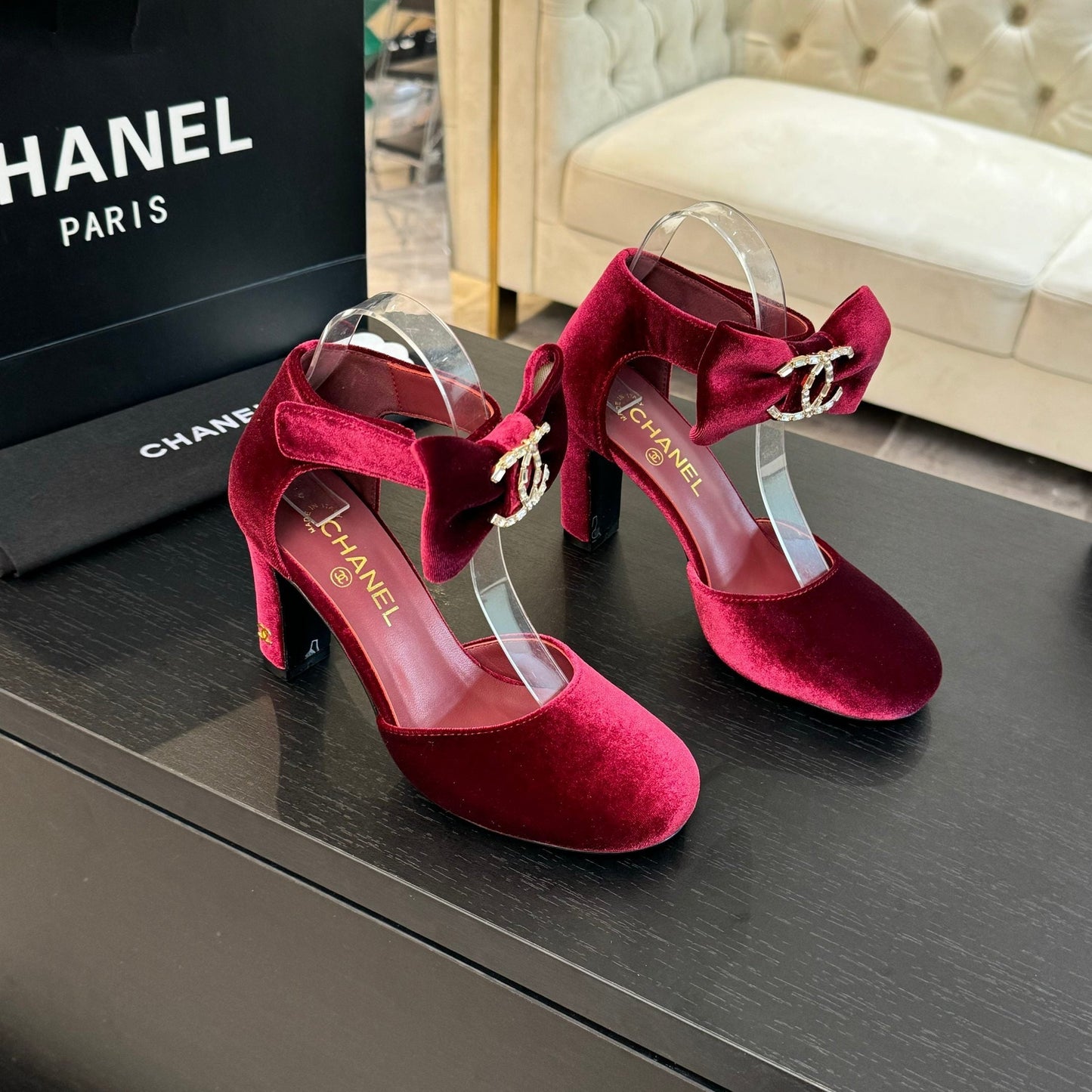 HIGH MARRY JANE IN CHERRY RED VELVET - 35