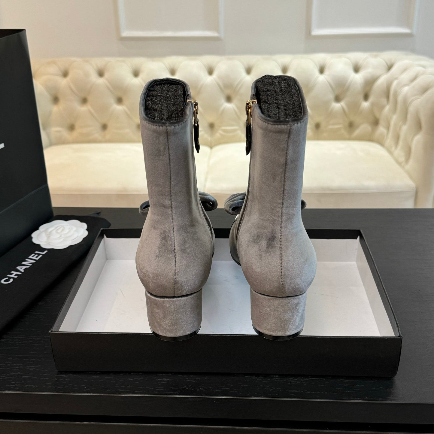 SHORT BOOTS IN DOLPHIN GRAY VELVET AND BLACK LAMBSKIN - 35