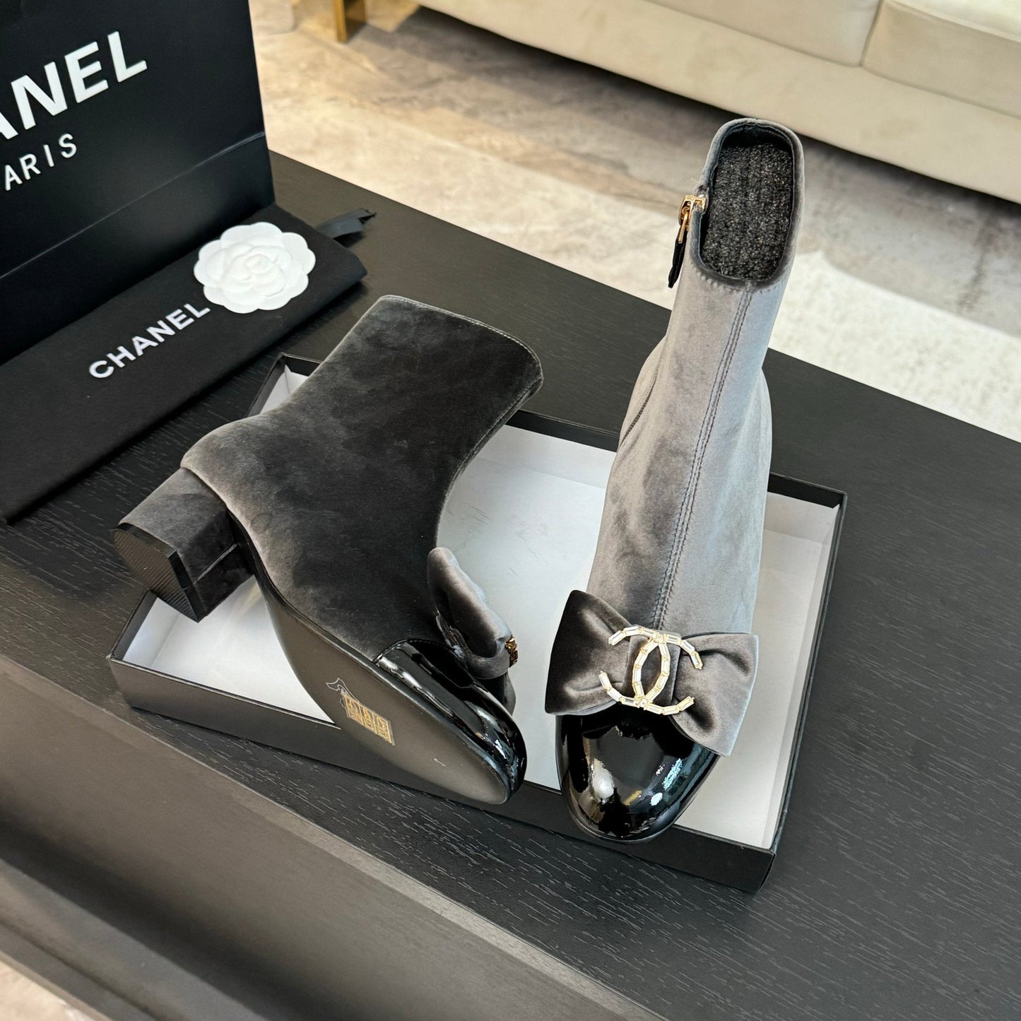 SHORT BOOTS IN DOLPHIN GRAY VELVET AND BLACK LAMBSKIN - 35