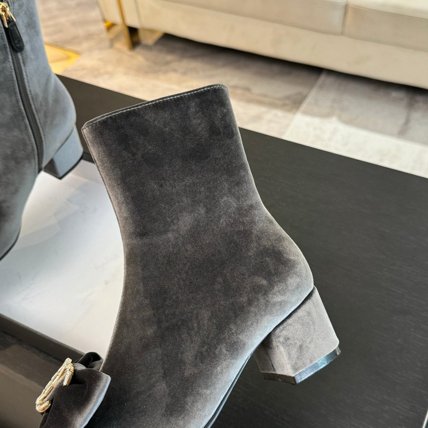 SHORT BOOTS IN DOLPHIN GRAY VELVET AND BLACK LAMBSKIN - 35