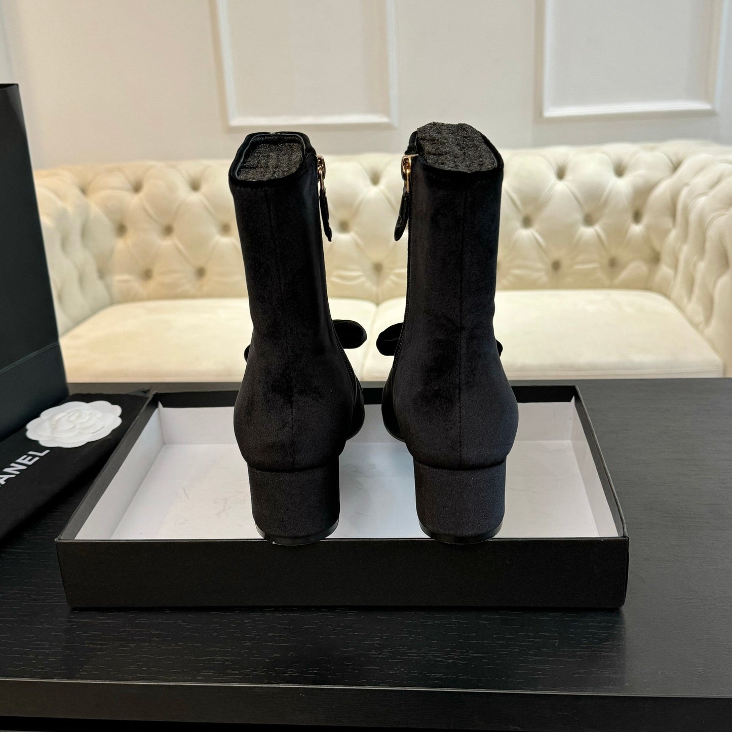 SHORT BOOTS IN BLACK VELVET AND LAMBSKIN - 35