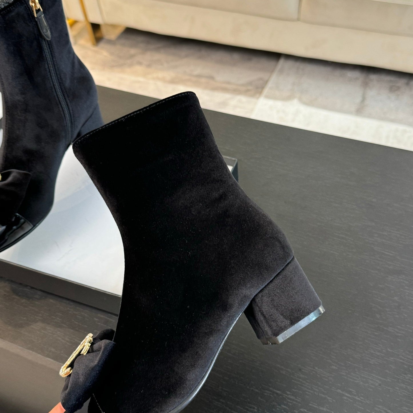 SHORT BOOTS IN BLACK VELVET AND LAMBSKIN - 35