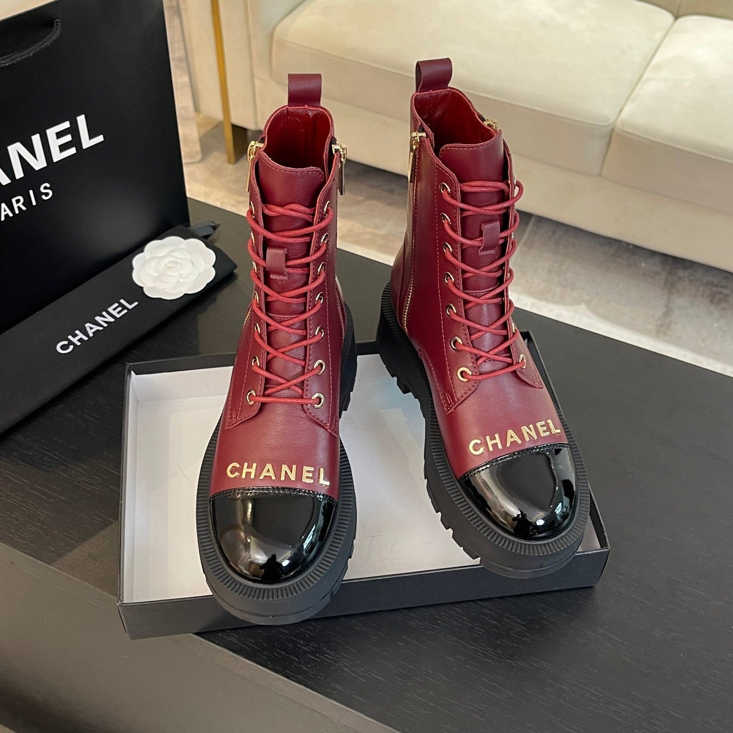 ANKLE BOOTS IN BLACK MIX GARNET RED LAMBSKIN - 35