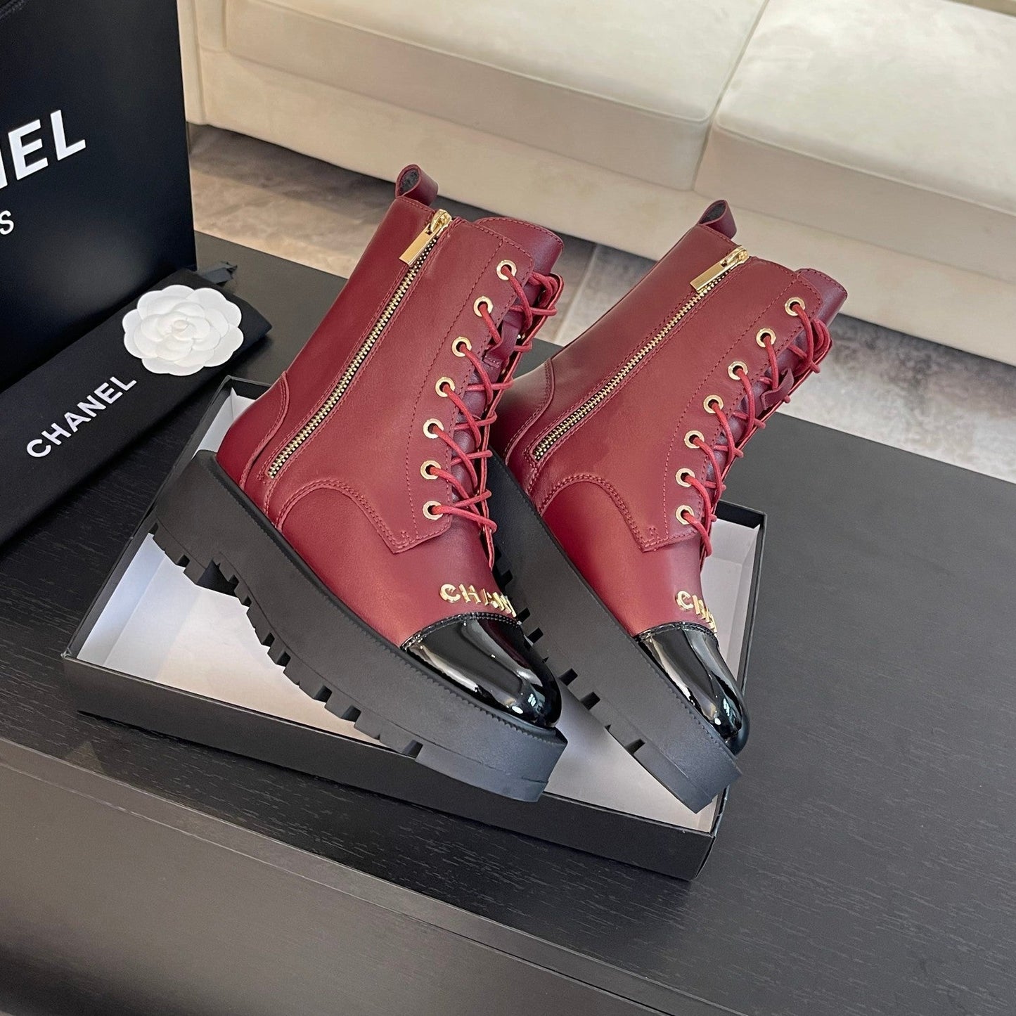ANKLE BOOTS IN BLACK MIX GARNET RED LAMBSKIN - 35