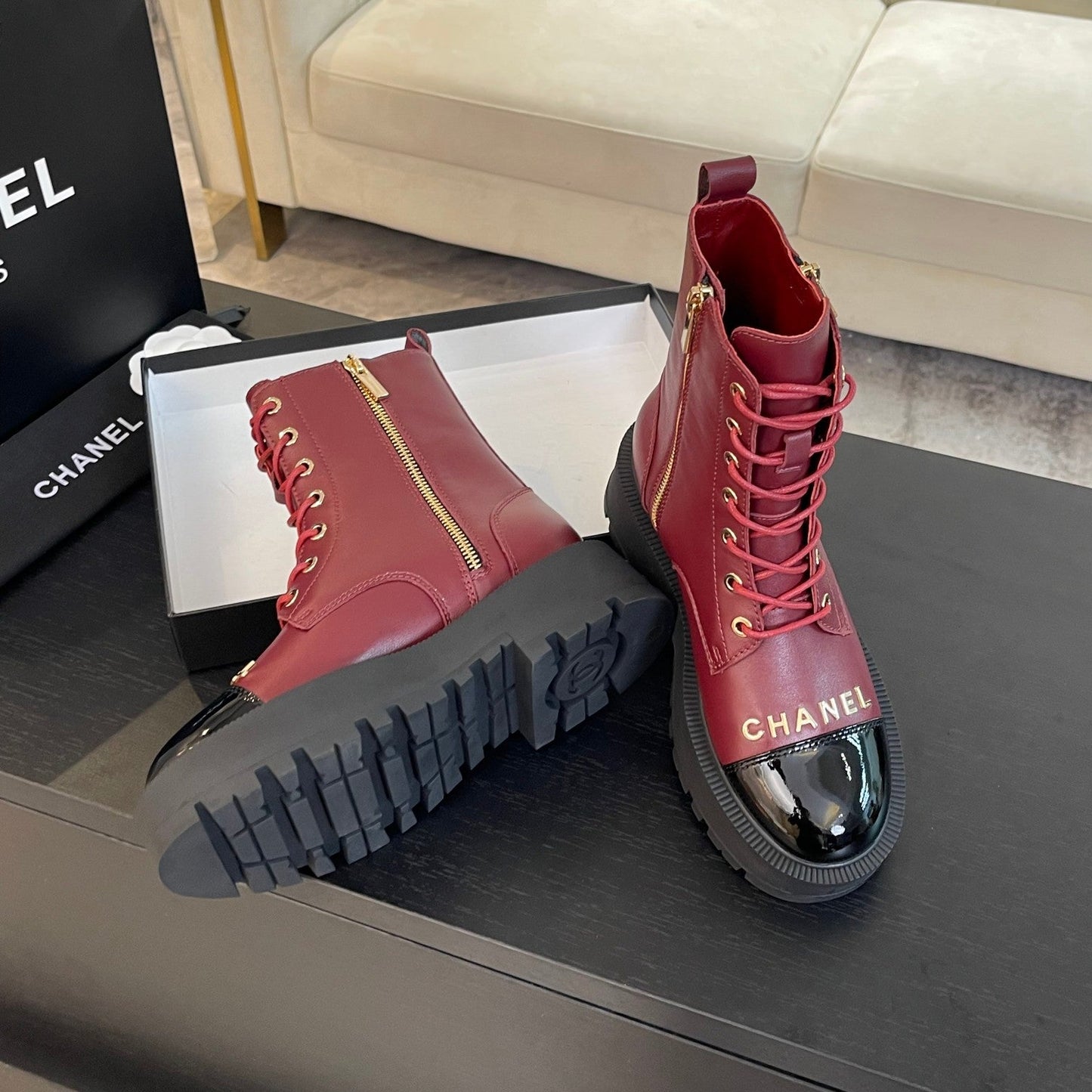 ANKLE BOOTS IN BLACK MIX GARNET RED LAMBSKIN - 35