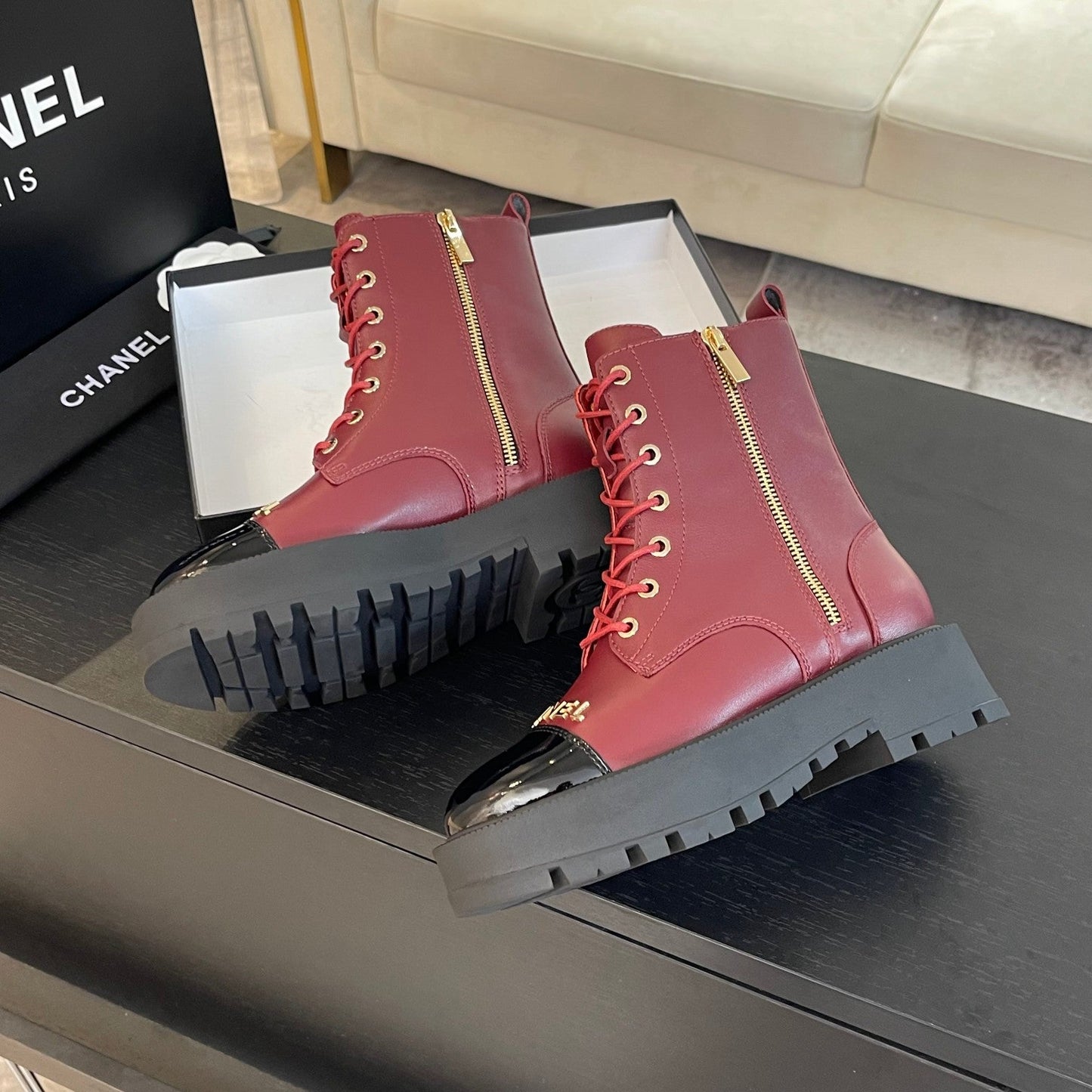 ANKLE BOOTS IN BLACK MIX GARNET RED LAMBSKIN - 35