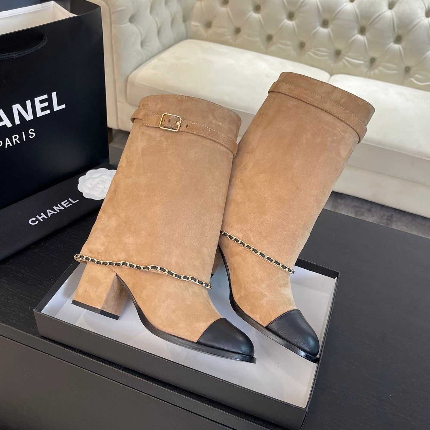 SHORT BOOTS 6.5 CM IN CIDER BROWN SUEDE AND BLACK CALFSKIN - 35