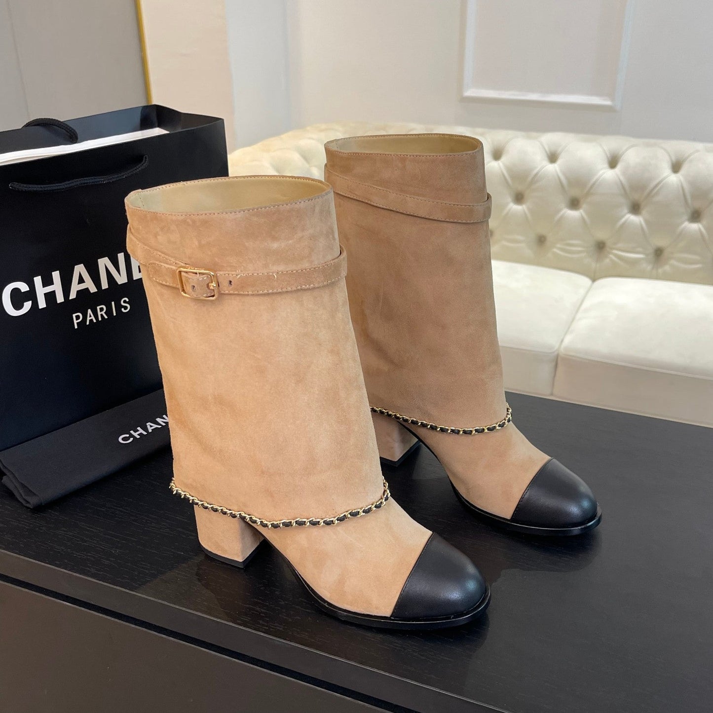 SHORT BOOTS 6.5 CM IN CIDER BROWN SUEDE AND BLACK CALFSKIN - 35