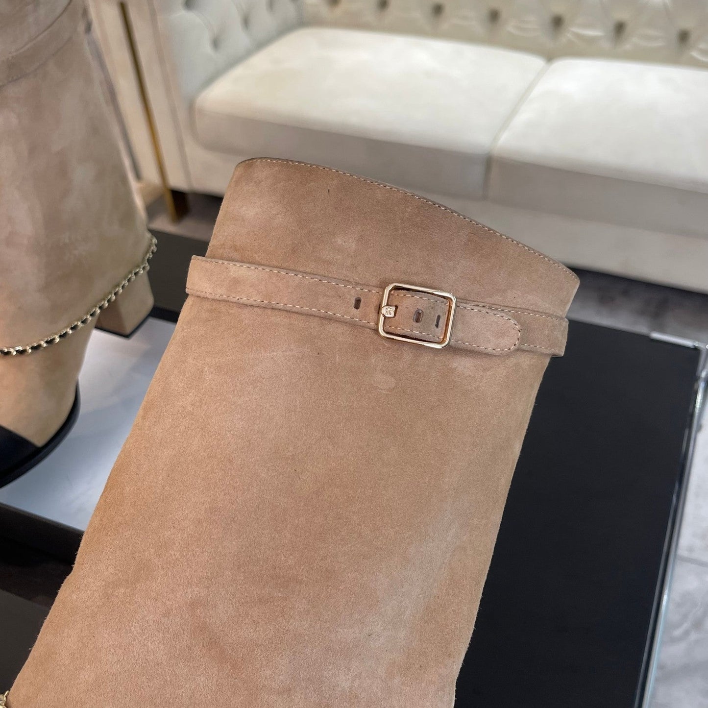 SHORT BOOTS 6.5 CM IN CIDER BROWN SUEDE AND BLACK CALFSKIN - 35