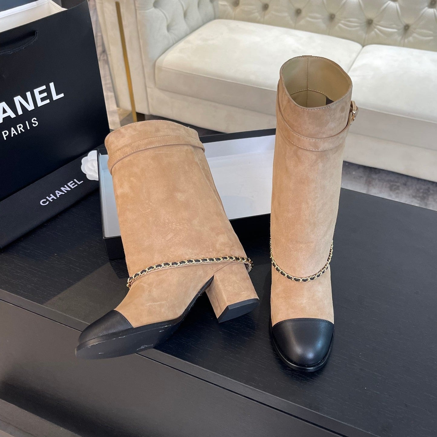 SHORT BOOTS 6.5 CM IN CIDER BROWN SUEDE AND BLACK CALFSKIN - 35