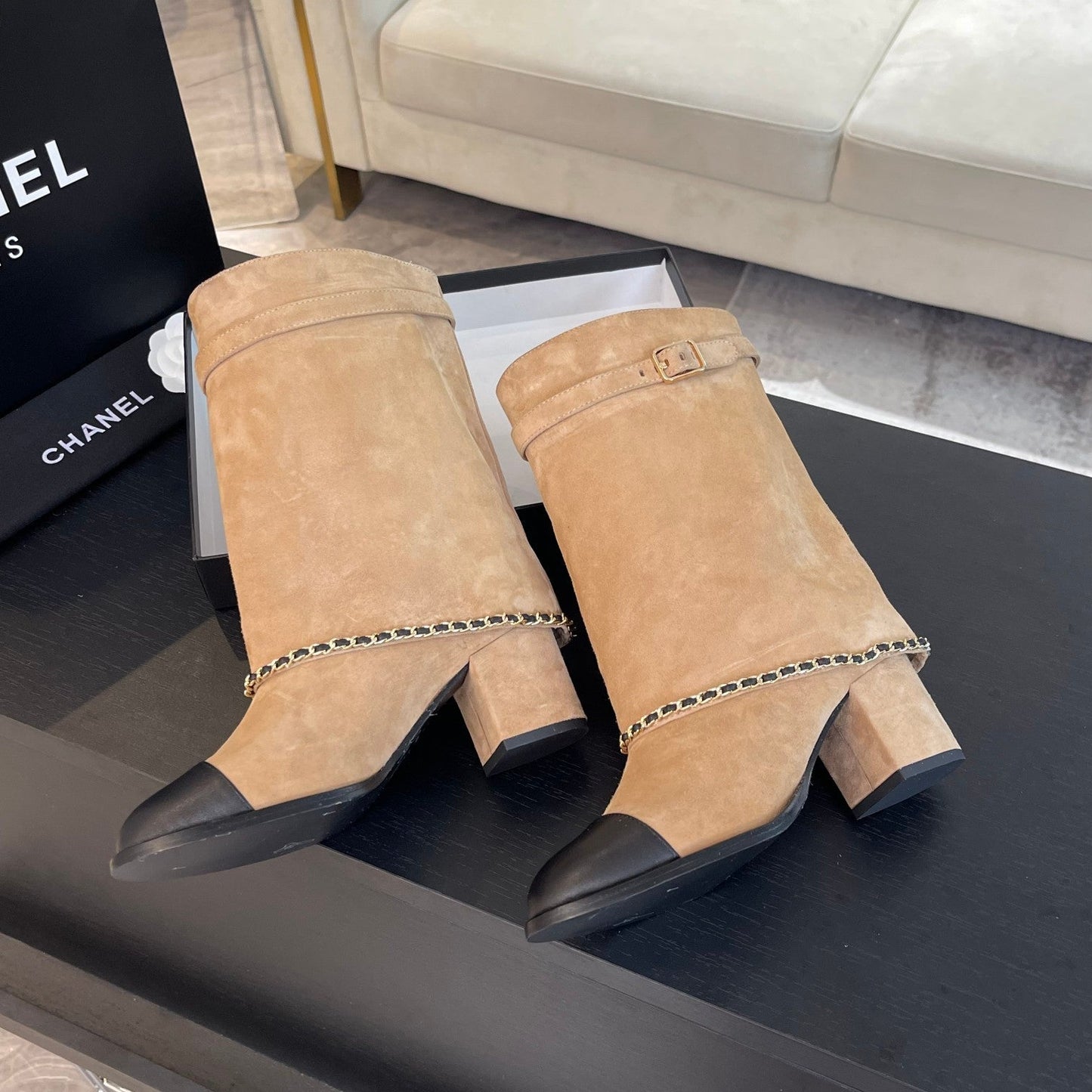 SHORT BOOTS 6.5 CM IN CIDER BROWN SUEDE AND BLACK CALFSKIN - 35