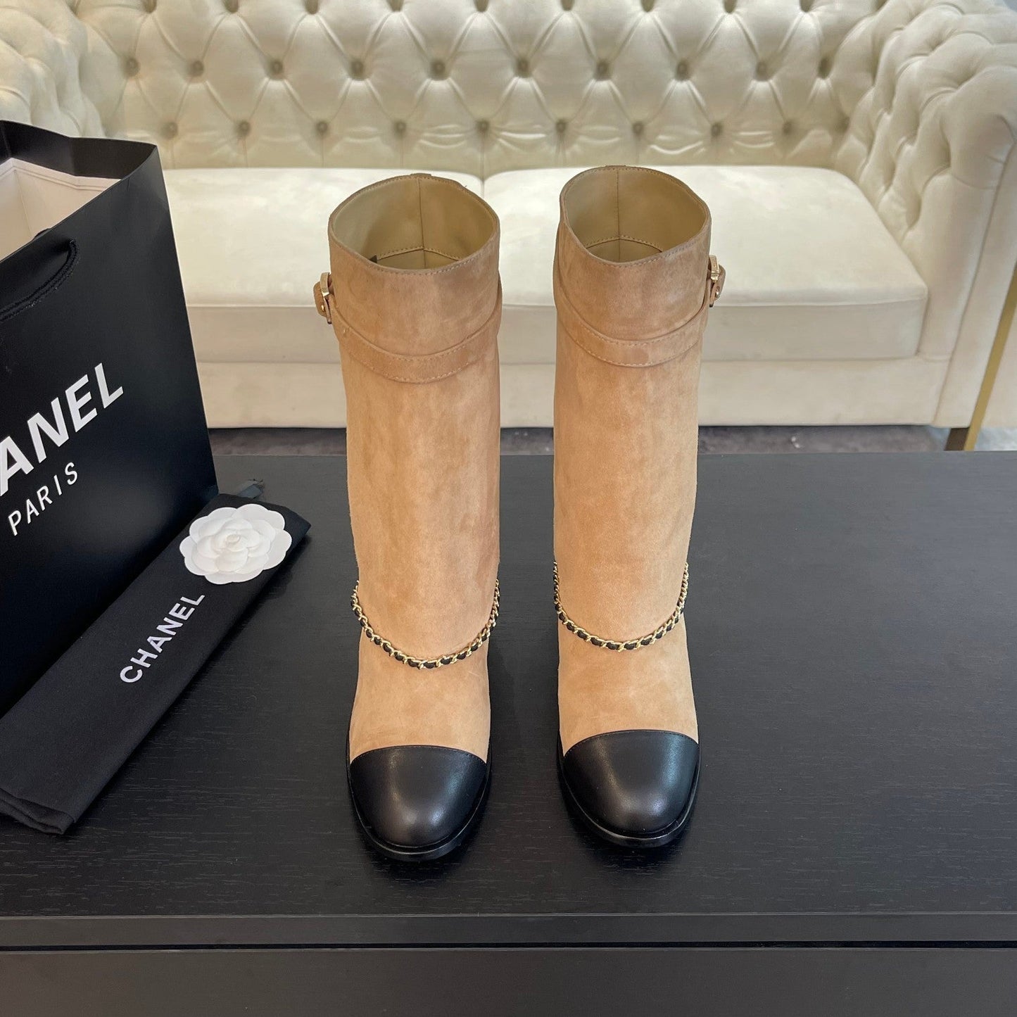 SHORT BOOTS 6.5 CM IN CIDER BROWN SUEDE AND BLACK CALFSKIN - 35