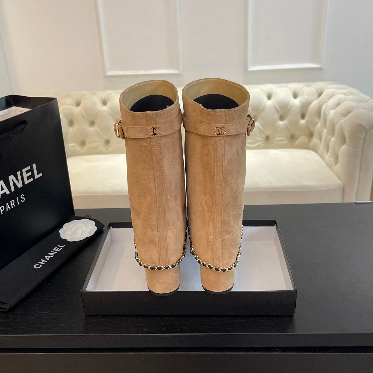 SHORT BOOTS 6.5 CM IN CIDER BROWN SUEDE AND BLACK CALFSKIN - 35