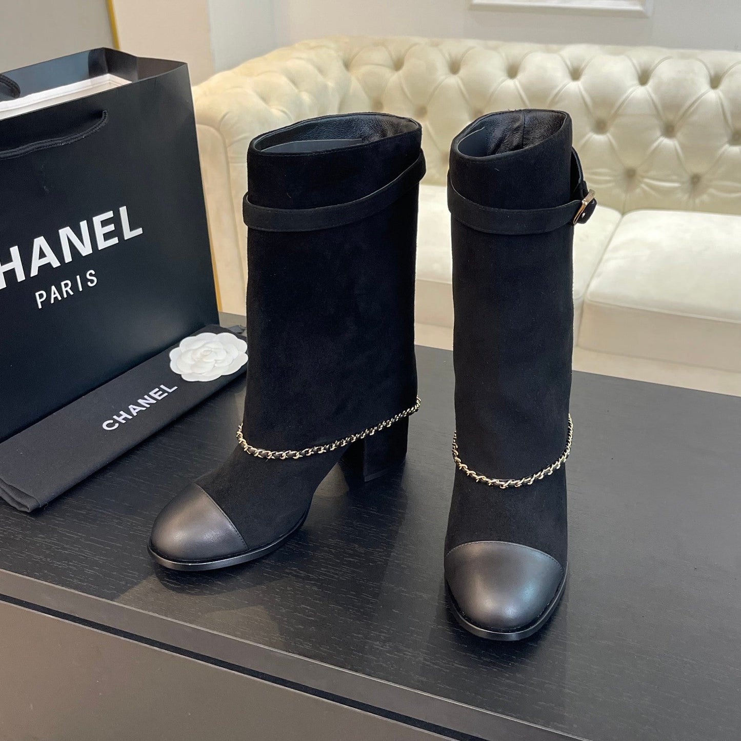 SHORT BOOTS 6.5 CM IN BLACK SUEDE AND CALFSKIN - 35