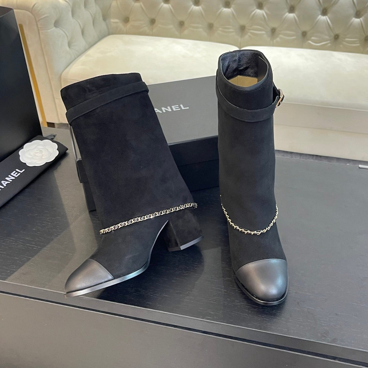 SHORT BOOTS 6.5 CM IN BLACK SUEDE AND CALFSKIN - 35