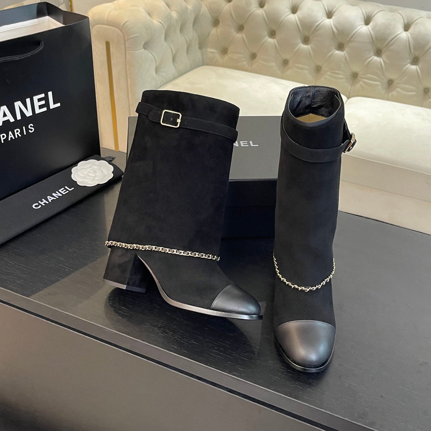 SHORT BOOTS 6.5 CM IN BLACK SUEDE AND CALFSKIN - 35
