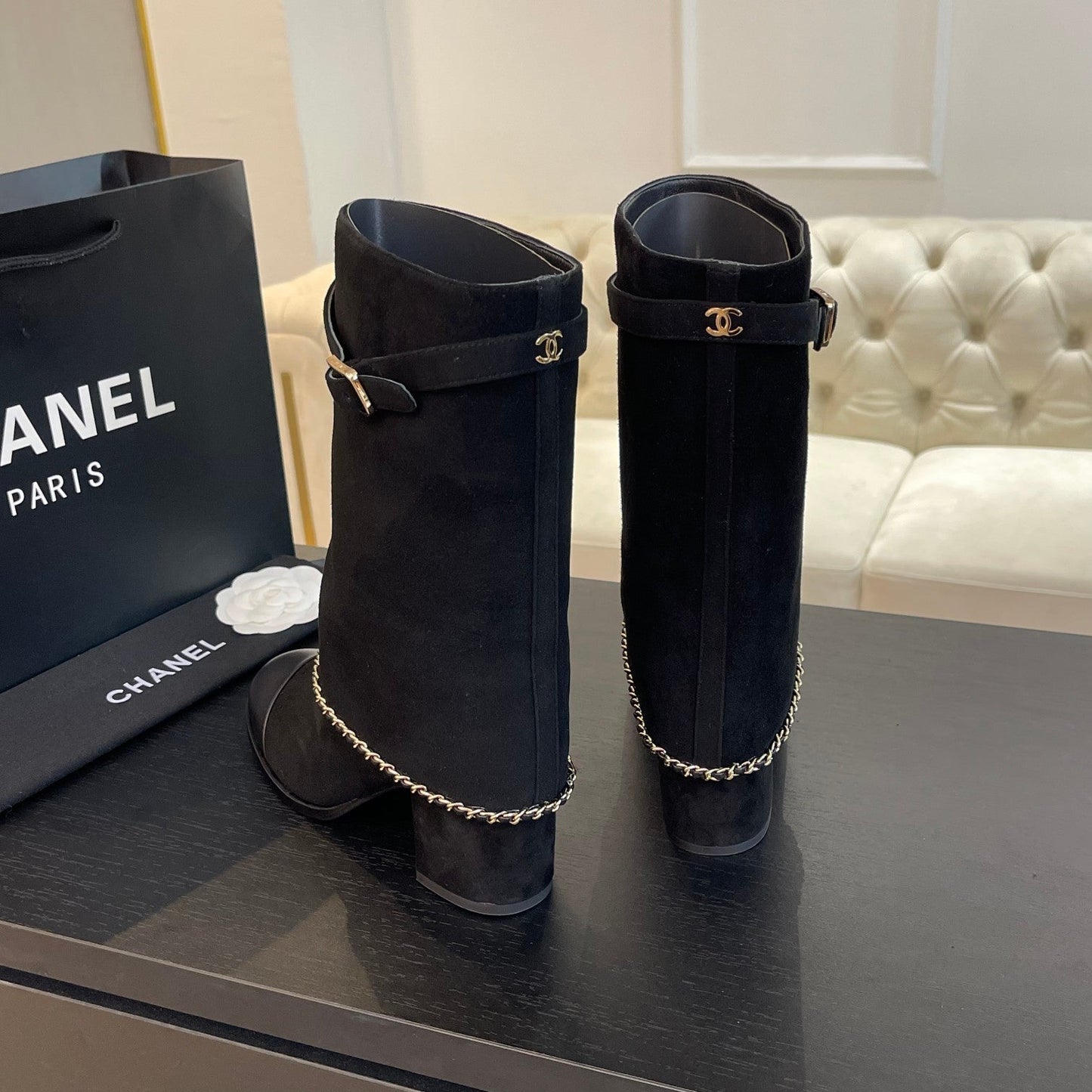 SHORT BOOTS 6.5 CM IN BLACK SUEDE AND CALFSKIN - 35