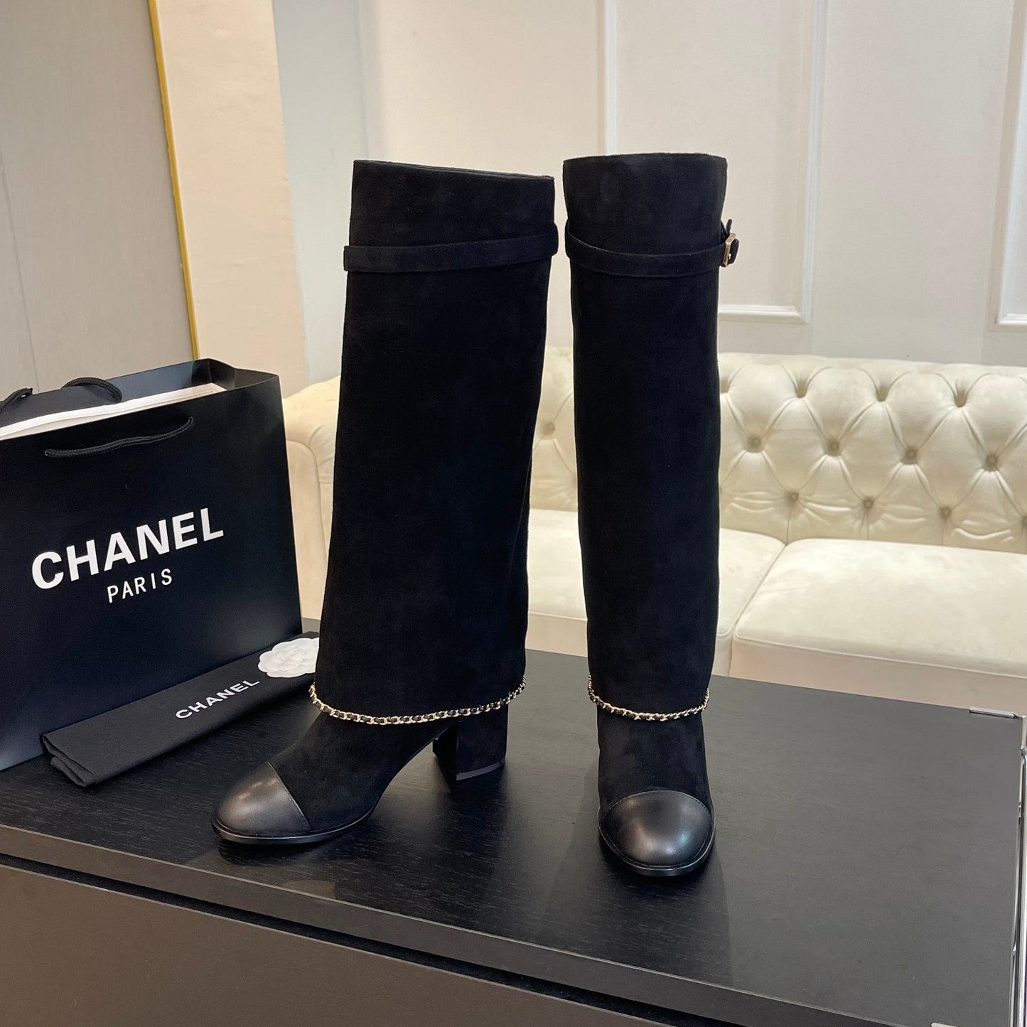 HIGH BOOTS 6.5 CM IN BLACK SUEDE AND CALFSKIN - 35