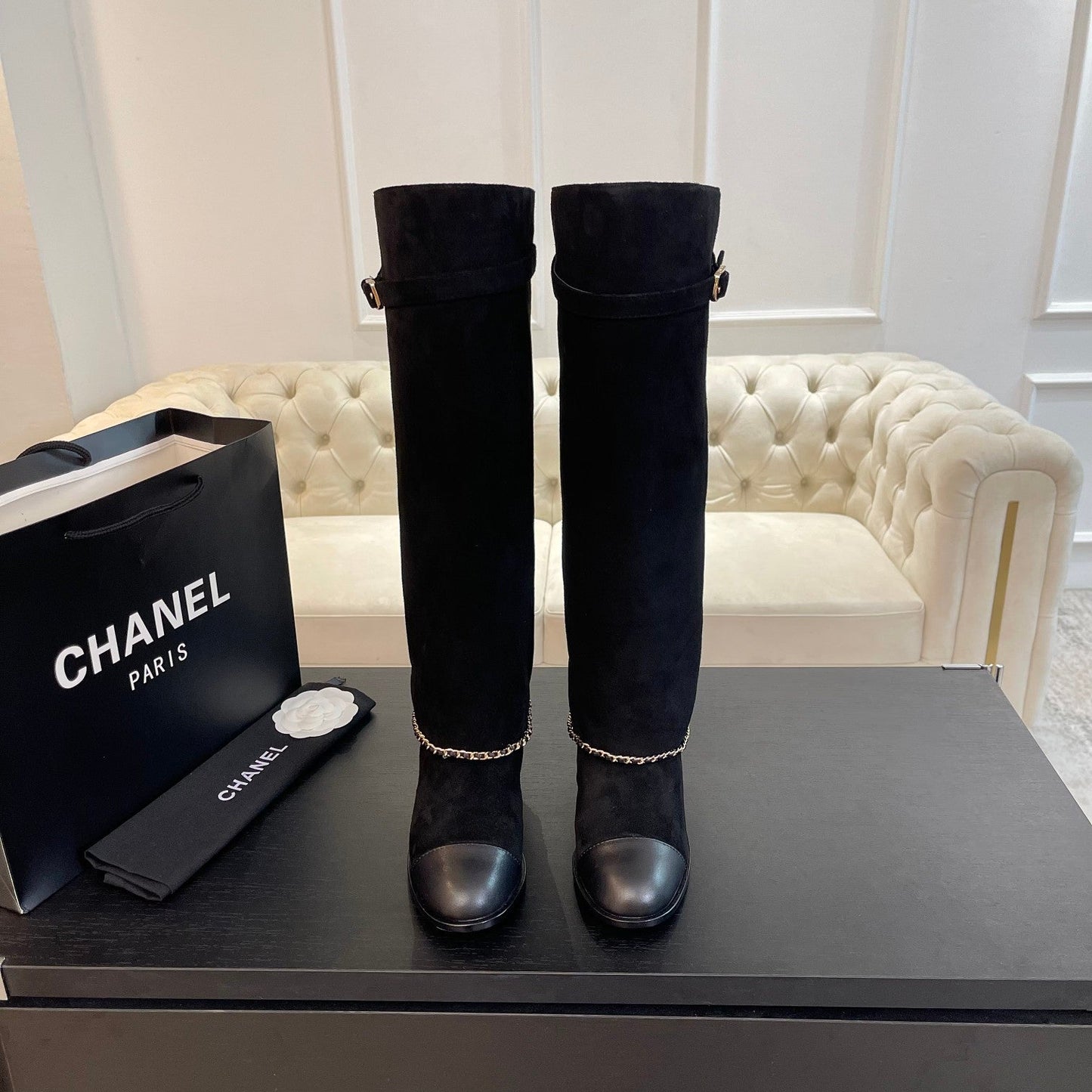 HIGH BOOTS 6.5 CM IN BLACK SUEDE AND CALFSKIN - 35