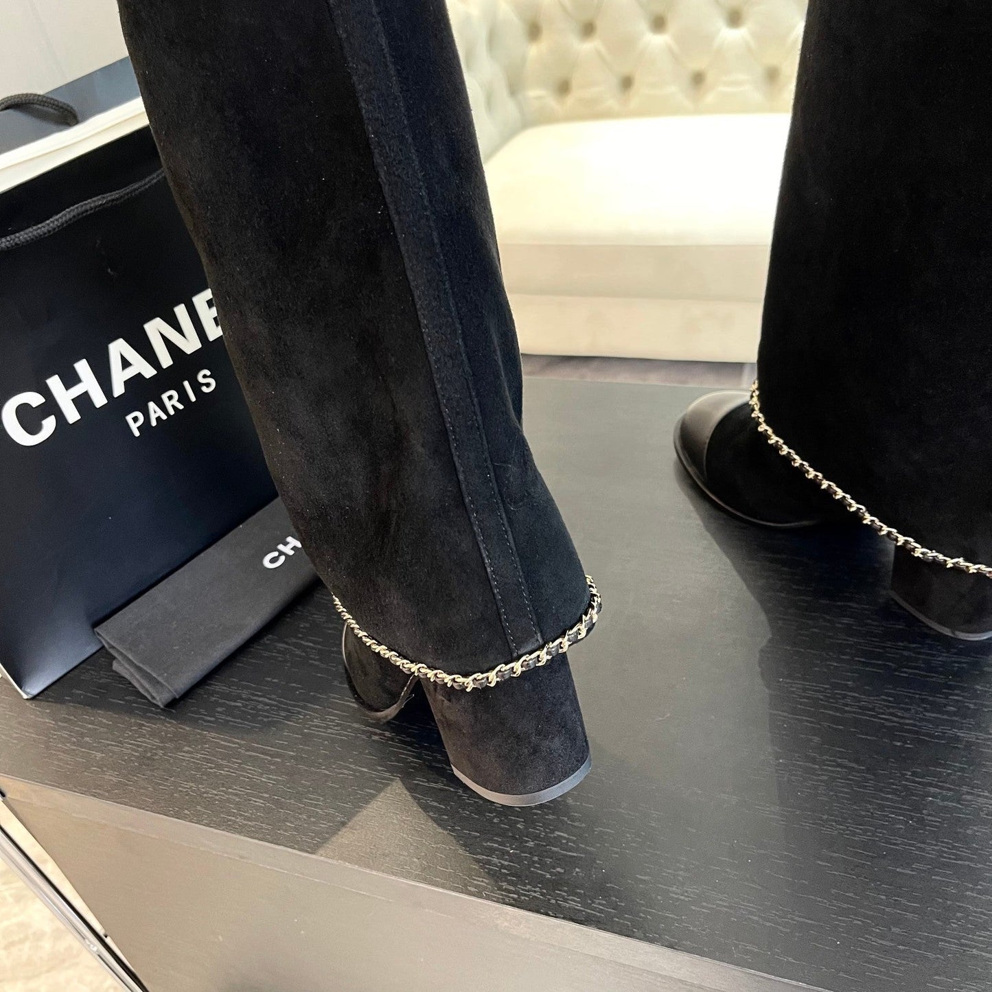 HIGH BOOTS 6.5 CM IN BLACK SUEDE AND CALFSKIN - 35
