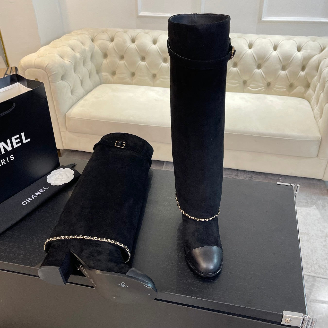 HIGH BOOTS 6.5 CM IN BLACK SUEDE AND CALFSKIN - 35