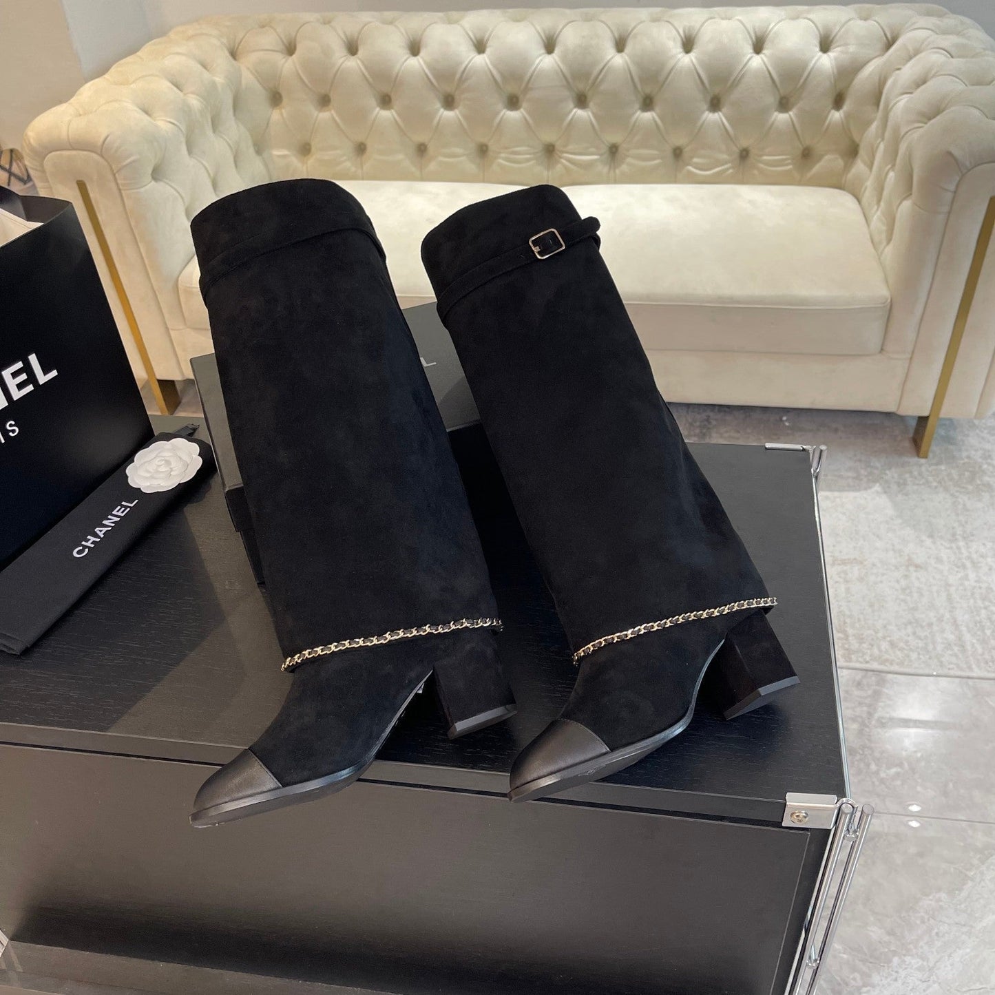 HIGH BOOTS 6.5 CM IN BLACK SUEDE AND CALFSKIN - 35